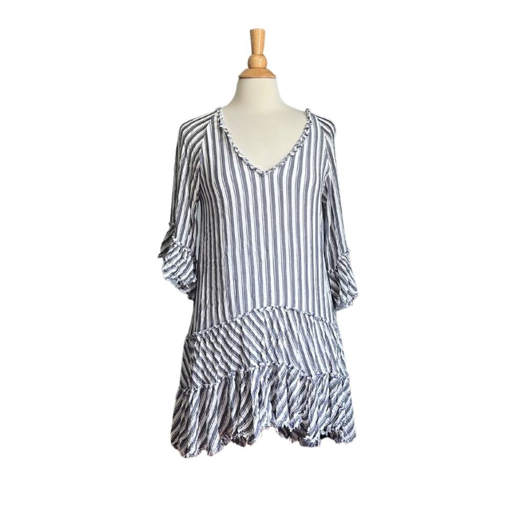 Blue White Deep V Neck Flowy Tunic Top Mini Dress Ruffle Raw Hem ST26